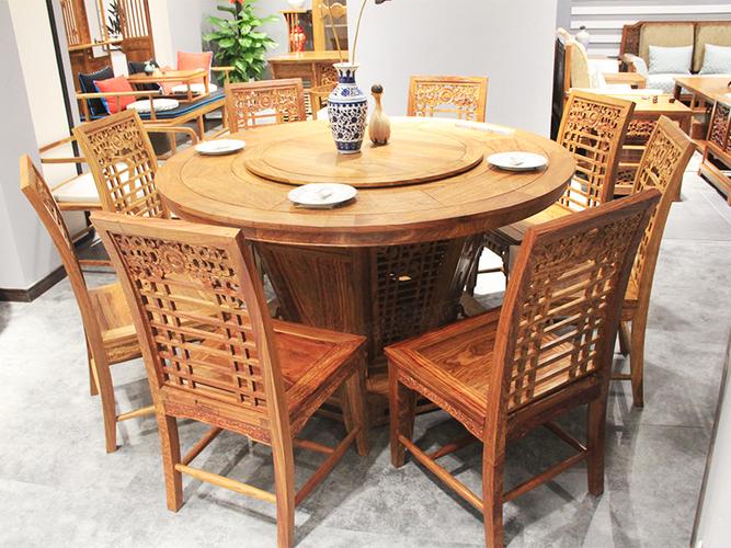 紫熙轩红木家具新中式餐厅刺猬紫檀圆餐桌椅一桌八椅